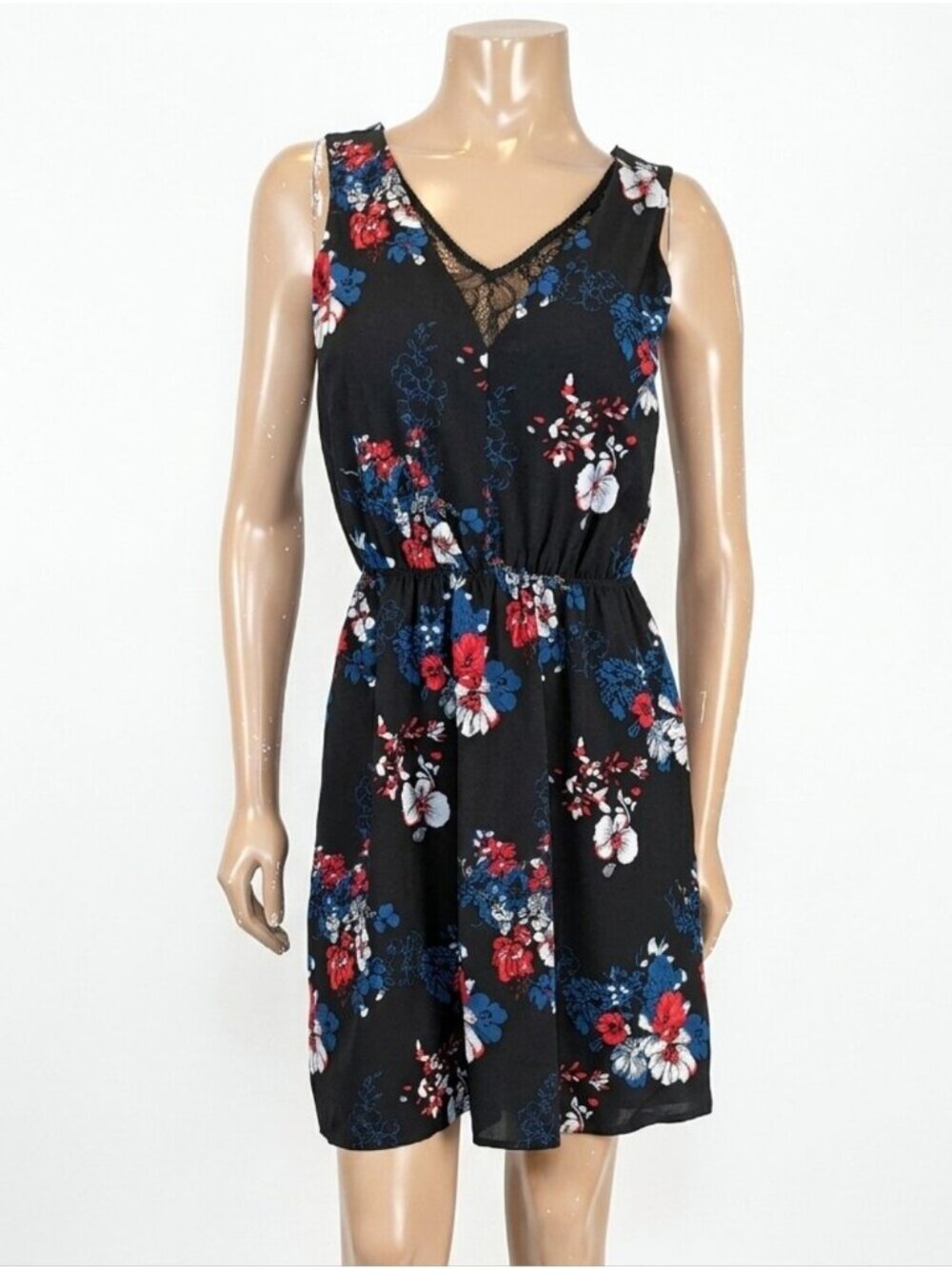 Rickis Black Floral Sleeveless V-Neck Lace Accent Dress Whimsigoth Gothic